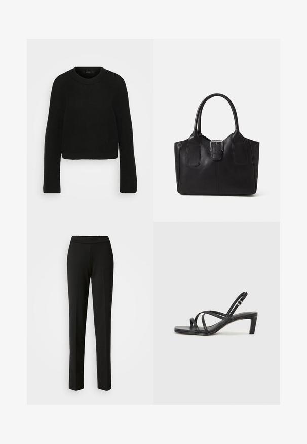 Mustat neulotut neulepaidat, joissa on pyöreä kaula-aukko ja pitkät hihat. Sisältää tekstuurisen kuvion ja lyhennetyn muotoilun.; Mustat suorat housut, joissa on joustava vyötärö. Valmistettu teksturoidusta kankaasta, jossa ei ole näkyviä kuvioita tai varusteita. Siisti, minimalistinen muotoilu.; Mustat hihnalligat, joissa on neliön muotoinen kärki ja matala lohkokorko. Ominaisuuksiin kuuluu useita ohuita hihnoja ja säädettävä nilkkahihna. Valmistettu sileästä nahasta.; Musta nahkainen olkalaukku, jossa on sileä pinta, ryhdikäs muoto, kaksi kahvaa ja silmienpistävä hopeinen solkiyksityiskohta edessä.