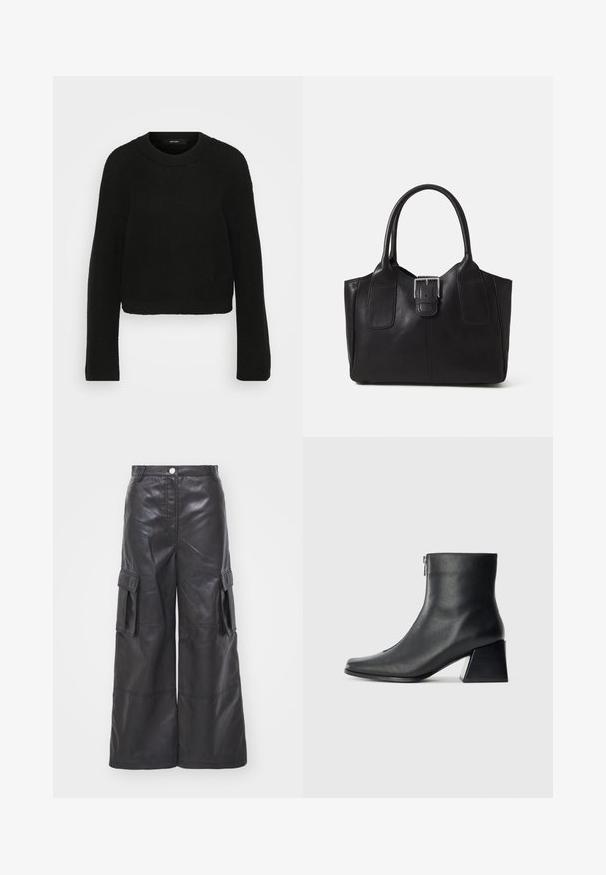 Suéter negro de punto con cuello redondo y mangas largas. Presenta un patrón texturizado y un diseño corto.; Pantalones cargo de cuero negro con un diseño de pierna ancha que incluye dos bolsillos laterales y costuras detalladas. La tela tiene una textura suave y brillante.; Botín de cuero negro hasta el tobillo con punta cuadrada, cremallera lateral y tacón bloque, sobre un fondo claro liso.; Bolso tote de cuero negro con textura suave, forma estructurada, dos asas y un prominente detalle de hebilla plateada en la parte frontal.; Anillo de plata de doble banda con una superficie lisa y pulida. Presenta un diseño fluido y curvado con secciones superpuestas para un aspecto moderno.