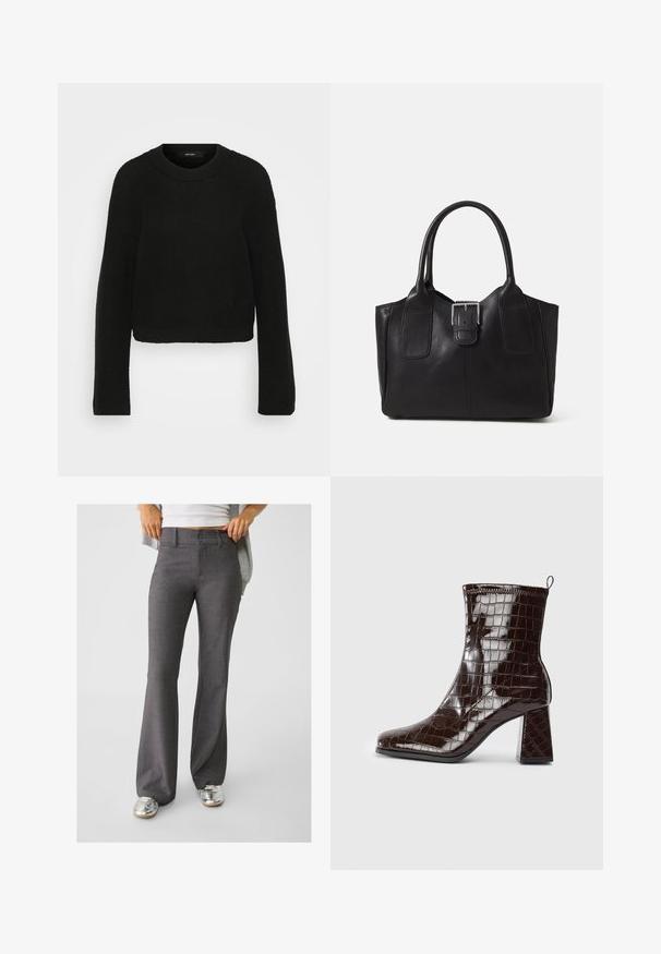 Čierny pletený sveter s okrúhlym výstrihom a dlhými rukávmi. Má textúrovaný vzor a skrátený strih.; Svetločervené rozšírené nohavice vyrobené z textúrovaného materiálu, s dvojitým zapínaním a pútkami na opasok, skombinované s lesklými striebornými teniskami.; Tmavo hnedé lakované členkové čižmy s krokodílovou textúrou, blokovým podpätkom a pútkom na zadnej strane na bielom pozadí.; Čierna kožená taška s hladkou textúrou, štruktúrovaným tvarom, dvoma uchami a výrazným strieborným prackovým detailom na prednej strane.
