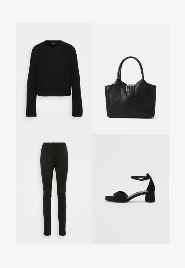 Črna pletena pulover z okroglo ovratnikom in dolgimi rokavi. Ima teksturiran vzorec in skrajšan dizajn.; Črne pizrane hlače s slim fit krojem. Imajo gladko teksturo, sprednji pregib in en gumb za zapiranje v pasu.; Črne zamshe sandale na peto z tankim trakom okoli gležnja, odprto konico in zmerno blok peto. Gladka tekstura in minimalni detajli.; Črna usnjena torba s gladko teksturo, strukturirano obliko, dvema ročkama in izrazitim srebrnim sponko na sprednji strani.