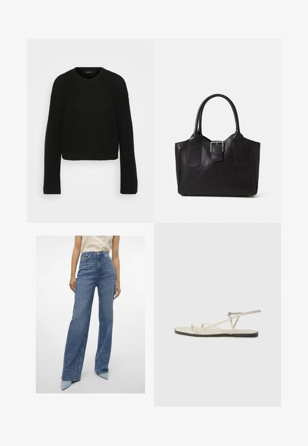 Mustmust jume mustris with ringiga ja pikkade varrukatega. Omab tekstuurset mustrit ja lühendatud disaini.; Vero Moda Tall VMTESSA PEARL - Avar lõikega teksad - medium blue denim; Bežid lame sandaal, millel on mitu peenikest rihma ja reguleeritav pandla. Tallal on lame pind, mille ääres on kerge tumedam kontrast.; Mustgamma nahast kott, millel on sile tekstuur, struktureeritud kuju, kaks käepidet ja esiküljel silmapaistev hõbedane pandla detail.