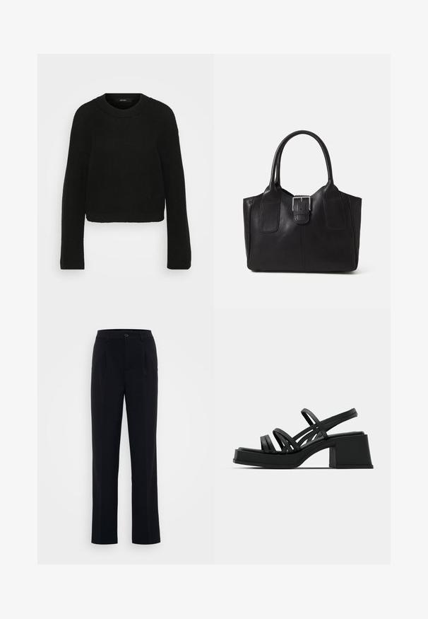 Black knitted sweater with a crew neckline and long sleeves. Features a textured pattern and a cropped design.; Black trousers with a straight leg design, featuring front pleats and a button closure, made from a smooth fabric. Clean lines throughout.; Black heeled sandals with multiple thin straps and a wide block heel. Sleek design with a matte texture. Footbed has a slight curve.; Black leather tote bag with smooth texture, structured shape, two handles, and a prominent silver buckle detail on the front.