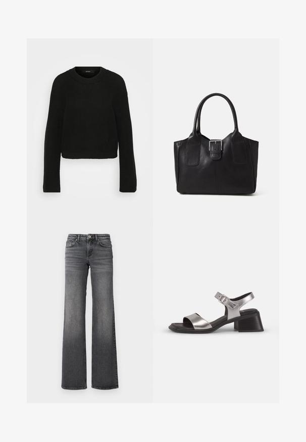 Black knitted sweater with a crew neckline and long sleeves. Features a textured pattern and a cropped design.; Straight-leg dark gray denim jeans with slight fading on thighs and standard five-pocket design against a white background.; Silver leather sandals with an open toe, featuring a wide front strap, ankle strap with buckle, and a medium block heel.; Black leather tote bag with smooth texture, structured shape, two handles, and a prominent silver buckle detail on the front.