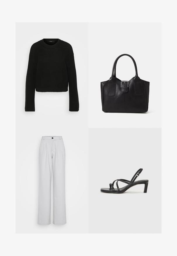 Pull en tricot noir avec un col rond et des manches longues. Présente un motif texturé et un design court.; Pantalons larges gris clair avec plis à l'avant, une taille cintrée et une fermeture à bouton noir unique. Fabriqués en tissu lisse et texturé.; Sandale noire à lanières avec un bout carré et un petit talon bloc. Elle présente plusieurs fines lanières et une sangle de cheville ajustable. Fabriquée en cuir lisse.; Sac fourre-tout en cuir noir avec une texture lisse, une forme structurée, deux poignées et un détail en boucle argentée proéminent à l'avant.
