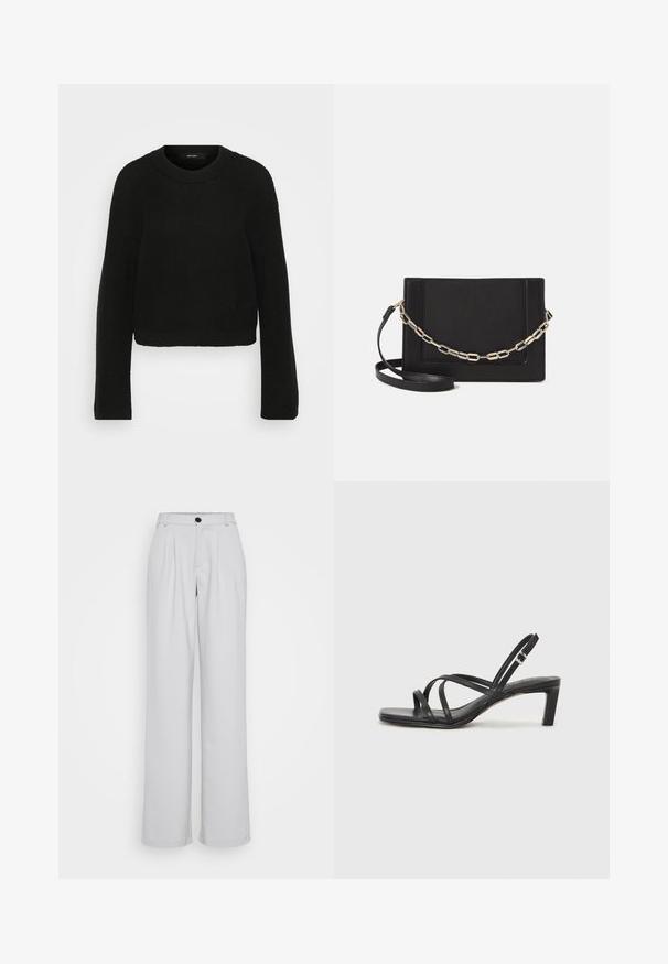 Black knitted sweater with a crew neckline and long sleeves. Features a textured pattern and a cropped design.; Light gray wide-leg trousers with front pleats, a fitted waistband, and a single black button closure. Made from smooth, textured fabric.; Black strappy sandal with a square toe and a low block heel. Features multiple thin straps and an adjustable ankle strap. Made of smooth leather.; Black leather crossbody bag featuring a smooth texture, rectangular shape, and a metallic chain detail on the front. Adjustable strap included.