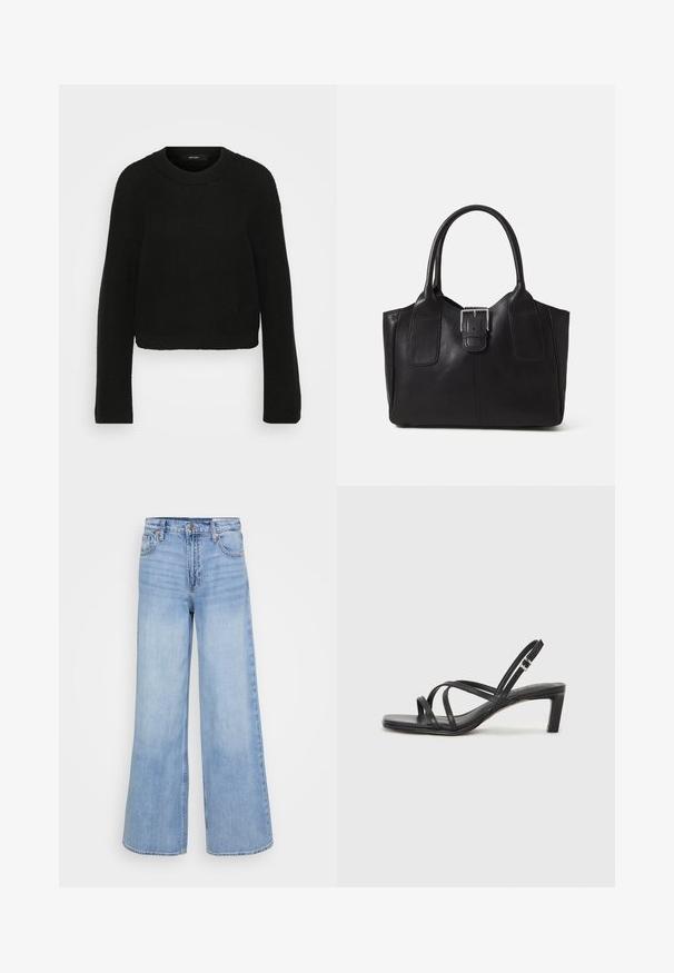 Mustmust jume mustris with ringiga ja pikkade varrukatega. Omab tekstuurset mustrit ja lühendatud disaini.; Heledad sinised laiad teksad, mis on valmistatud denimist, kõrge vöökohaga, ees olevate taskutega ja nupuga sulgemisega, millel on vaskvärvi aksendid.; Mustast rihmajalatsid ruudukujulise varba ja madala ploki kontsaga. Omab mitmeid õhukesi rihmasid ja reguleeritavat pahkluu rihma. Valmistatud siledast nahast.; Mustgamma nahast kott, millel on sile tekstuur, struktureeritud kuju, kaks käepidet ja esiküljel silmapaistev hõbedane pandla detail.