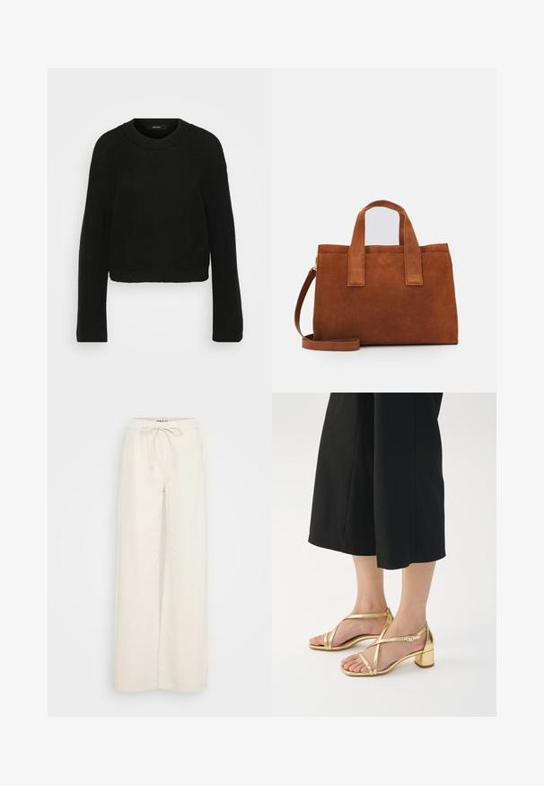 Suéter negro de punto con cuello redondo y mangas largas. Presenta un patrón texturizado y un diseño corto.; Pantalones de pierna ancha de algodón en color blanco roto, con una cintura elástica y cordón de ajuste, y bolsillos laterales. Textura suave, diseño minimalista.; Sandalias doradas de tiras con tacón ancho, que presentan tiras estrechas y un cierre de hebilla, sobre un fondo blanco liso.; Bolso de ante marrón con dos asas superiores y una correa de hombro ajustable. Presenta una forma estructurada y un diseño minimalista.