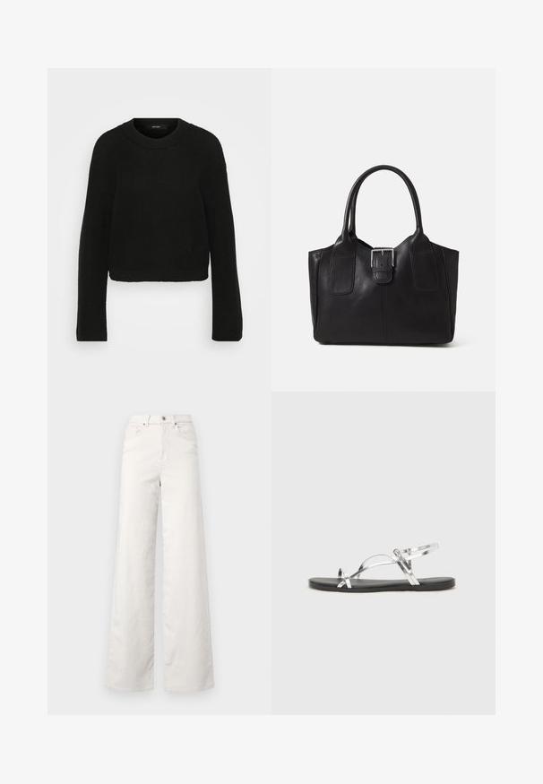 Black knitted sweater with a crew neckline and long sleeves. Features a textured pattern and a cropped design.; ONLY Tall ONLHOPE GLOBAL HIGH WAIST WIDE - Trousers - pumice stone; Silver metallic sandals with a minimal design, featuring thin straps and a black flat sole. Highlights include cross strap accents.; Black leather tote bag with smooth texture, structured shape, two handles, and a prominent silver buckle detail on the front.