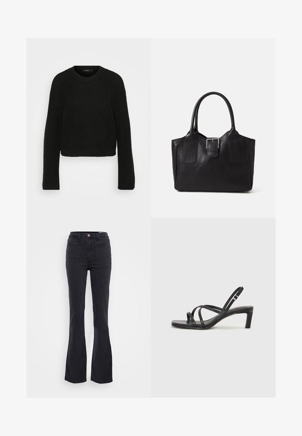 Čierny pletený sveter s okrúhlym výstrihom a dlhými rukávmi. Má textúrovaný vzor a skrátený strih.; Čierne zvonové džínsy vyrobené z denimu, s vysokým pásom, prednými vreckami a miernym trhaním na okrajoch. Hladká textúra a priliehavé cez boky.; Čierne sandále na vysokom podpätku so štvorcovou špičkou a nízkym blokovým podpätkom. Obsahujú viacero tenkých popruhov a nastaviteľný členkový popruh. Vyrobené z hladkej kože.; Čierna kožená taška s hladkou textúrou, štruktúrovaným tvarom, dvoma uchami a výrazným strieborným prackovým detailom na prednej strane.