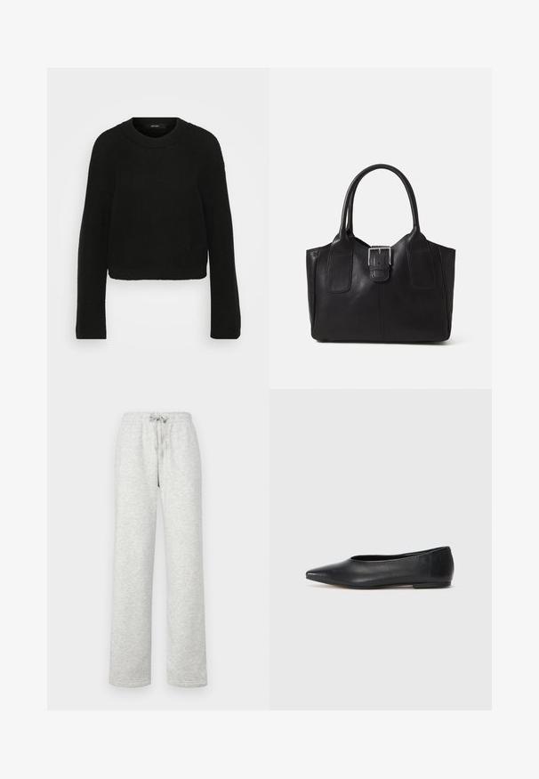 Sweater preto tricotado com decote redondo e mangas longas. Apresenta um padrão texturizado e um design cropped.; Gina Tricot Tall BASIC STRAIGHT - Calças de fato de treino - grey; Bailarina de couro preto, bico fino, design minimalista, textura suave, salto baixo, sem hardware ou embelezamentos visíveis.; Bolsa tote de couro preta com textura suave, forma estruturada, duas alças e um destaque prateado proeminente na parte da frente.