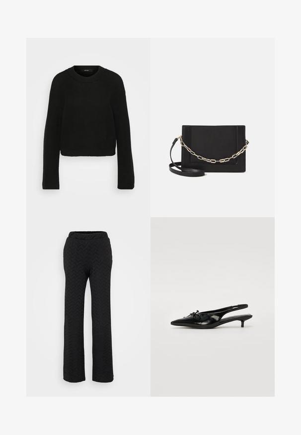 Melna adīta džemperis ar klasisku apkakli un garām piedurknēm. Iezīmēts ar teksturētu motīvu un īsāku dizainu.; Melni platajā šorti ar teksturētu zigsaga rakstu, elastīgu jostu un vieglu audumu komfortam.; Melnas lakotas ādas sandales ar norādītu purngalu, mazu papēdi un dekoratīvu mezglu detaļu priekšā. Gluda tekstūra.; Melna ādas crossbody soma ar gludu faktūru, taisnstūrveida formu un metalizētu ķēdes detaļu priekšā. Iekļauta regulējama siksna.