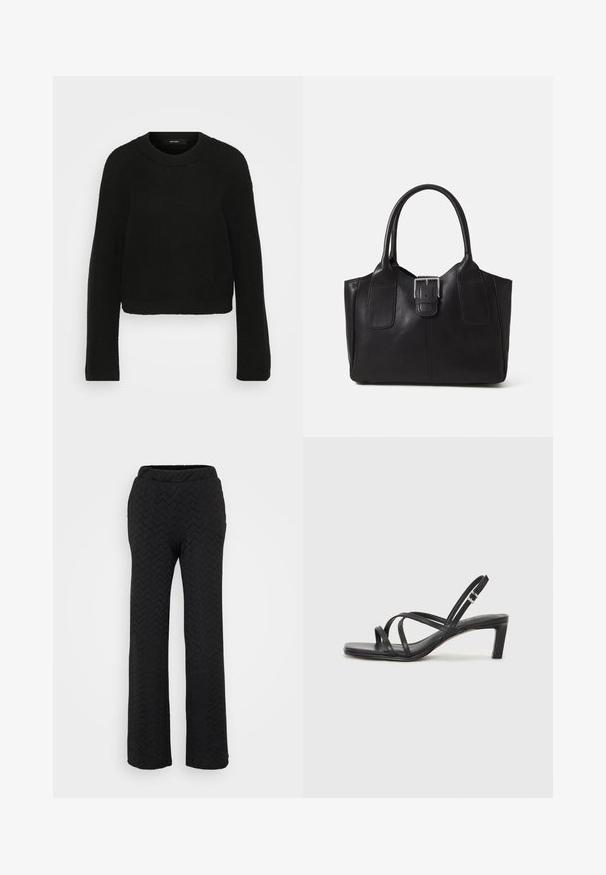 Black knitted sweater with a crew neckline and long sleeves. Features a textured pattern and a cropped design.; Black wide-leg pants featuring a textured zigzag pattern, elastic waistband, and lightweight fabric for comfort.; Black strappy sandal with a square toe and a low block heel. Features multiple thin straps and an adjustable ankle strap. Made of smooth leather.; Black leather tote bag with smooth texture, structured shape, two handles, and a prominent silver buckle detail on the front.