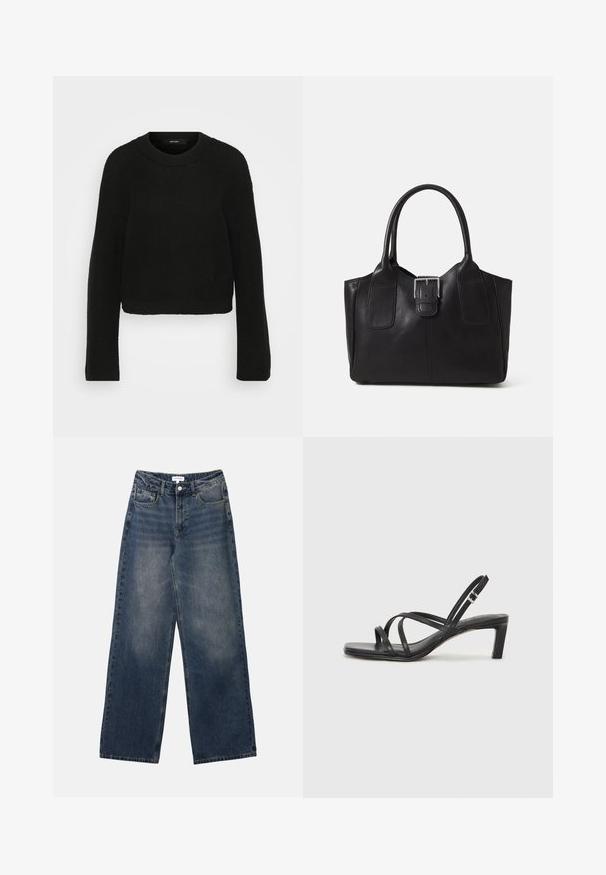 Melna adīta džemperis ar klasisku apkakli un garām piedurknēm. Iezīmēts ar teksturētu motīvu un īsāku dizainu.; Vīriešu augsto jostasvietu zila denima bikses ar platām kājām, priekšējo pogu un rāvējslēdzēju, kā arī priekšējām un aizmugurējām kabatām.; Melnas strappy sandales ar kvadrātveida purngaliem un zemu bloku papēdi. Ievērojamas ar vairākiem plāniem siksniņām un regulējamu potītes siksniņu. Izgatavotas no gludas ādas.; Melnas ādas somiņa ar gludu tekstūru, strukturētu formu, divām rokturām un izteiktu sudraba sprādzi priekšpusē.