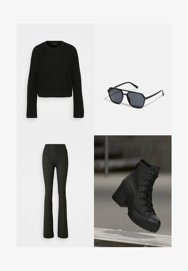 Mustmust jume mustris with ringiga ja pikkade varrukatega. Omab tekstuurset mustrit ja lühendatud disaini.; Ribaga, tumeroheline laienevad püksid kõrge talje ja ees oleva lukuga. Sile tekstuur ja õmbluste detailid külgedel.; Mustad mustad platvormsaapad musta värviga, tekstureeritud nahast, esiosas nööridega ja massiivse kontsaga. Omab kummist tallat, millel on väljendunud nahkade mustrid.; Mustad mustad prillid oktaalpäistega, tumedad läätsed, läikiv viimistlus, õhukesed templid ja kuldsed aktsendid ees.