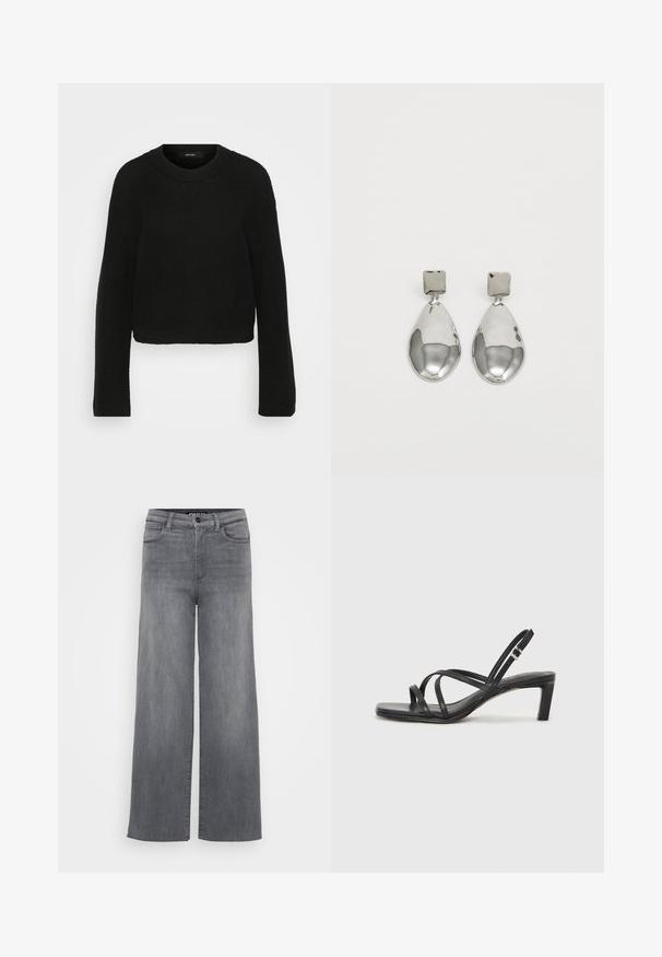 Mustmust jume mustris with ringiga ja pikkade varrukatega. Omab tekstuurset mustrit ja lühendatud disaini.; Laiad joped hallist pleekidest denimist. Omab viit taskut, nööbiga sulgu ja vöölõike. Materjal on sileda tekstuuriga ja minimaalsete pleekimistunnustega.; Mustast rihmajalatsid ruudukujulise varba ja madala ploki kontsaga. Omab mitmeid õhukesi rihmasid ja reguleeritavat pahkluu rihma. Valmistatud siledast nahast.; Hõbedased ripatsid, millel on ruudukujuline studs, siledat ja poleeritud viimistlust ning pisarakuju, peegeldades valgust läikiva pinnaga.