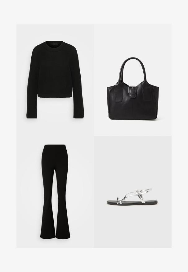 Czarny sweter z dzianiny z okrągłym dekoltem i długimi rękawami. Posiada teksturowany wzór oraz krótki krój.; Vero Moda Tall VMAUGUSTA FLARED czarny; Srebrne metaliczne sandały o minimalistycznym designie, z cienkimi paskami i czarną płaską podeszwą. Cechą wyróżniającą są akcenty w postaci krzyżujących się pasków.; Czarna skórzana torba tote o gładkiej fakturze, usztywnionym kształcie, dwóch uchwytach oraz wyraźnym srebrnym zapięciu na przodzie.