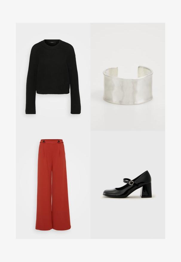 Juodas megztinis su apvalia iškirpte ir ilgomis rankovėmis. Turi tekstūrinį raštą ir trumpą dizainą.; Plonos kojos kelnės giliai raudonai oranžinės spalvos audiniu. Yra dvi priekinės raukšlės ir du mygtukai ant liemens. Lygus paviršius, laisvalaikio dizainas.; Juoda blizgi lakinės odos Mary Jane bateliai su apvaliu pirštu, reguliuojama juosta ir storu stačiakampiu kulnu. Lygi tekstūra su blizgiu paviršiumi.; Zign Apyrankė - silver-coloured