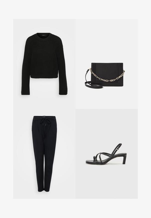Svart strikket genser med rund hals og lange ermer. Den har et teksturert mønster og et cropped design.; Sorte joggebukser med strikk i livet, smalnende ben og en glatt tekstur. Har lommer på siden og et rent, minimalistisk design.; Sorte sandaler med stropper, firkantet tå og lav blokk hæl. Har flere tynne stropper og en justerbar ankelstropp. Laget av glatt lær.; Svart lær crossbody-veske med glatt tekstur, rektangulær form og metallkjede detaljer på framsiden. Justerbar stroppe inkludert.