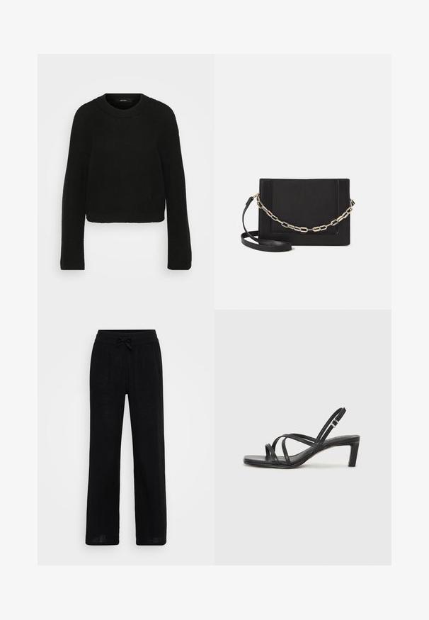 Čierny pletený sveter s okrúhlym výstrihom a dlhými rukávmi. Má textúrovaný vzor a skrátený strih.; Čierne ľanové nohavice so širokými nohavicami, elastickým pásom a šnúrkou. Hladká textúra, priedušný materiál a dĺžka po zem.; Čierne sandále na vysokom podpätku so štvorcovou špičkou a nízkym blokovým podpätkom. Obsahujú viacero tenkých popruhov a nastaviteľný členkový popruh. Vyrobené z hladkej kože.; Čierna kožená crossbody taška s hladkou textúrou, obdĺžnikovým tvarom a kovovým reťazovým detailom na prednej strane. Súčasťou je nastaviteľný popruh.