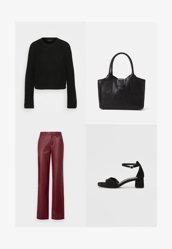 Crna pletena bunda s okruglim izrezom i dugim rukavima. Ima teksturirani uzorak i skraćeni dizajn.; Burgundijske kožne hlače ravnog kroja, s ravnim prednjim dijelom i petljama za remen. Glatka tekstura s sjajnom završnom obradom. Nema vidljivih dijelova ili uzoraka.; Crne zamšaste sandale s potpeticom s tankim remenom za gležanj, otvorenim nožnim prstima i umjerenom blok petom. Glatka tekstura i minimalni detalji.; Crna kožna torba za nošenje s glatkom teksturom, strukturiranim oblikom, dvije ručke i istaknutim srebrnim kopčanjem na prednjoj strani.; Srebrne okrugle naušnice jednostavnog dizajna, s glatkom površinom i bez vidljivih ukrasa. Promjer nije specificiran.
