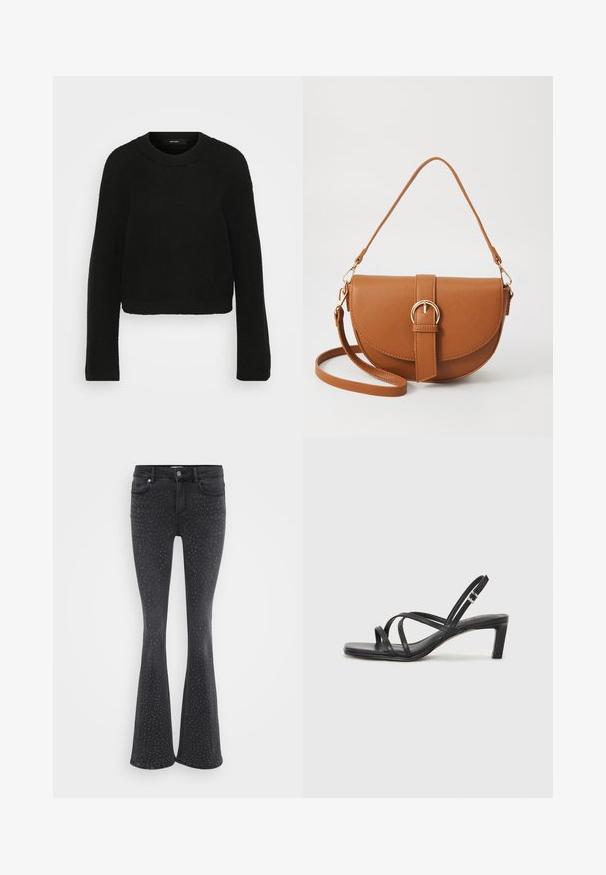 Black knitted sweater with a crew neckline and long sleeves. Features a textured pattern and a cropped design.; Black flared jeans made of denim, featuring metallic studded embellishments throughout. Five pockets and front button closure.; Black strappy sandal with a square toe and a low block heel. Features multiple thin straps and an adjustable ankle strap. Made of smooth leather.; Brown leather crossbody bag with a curved shape, gold hardware, and a buckle accent. Features a detachable shoulder strap.