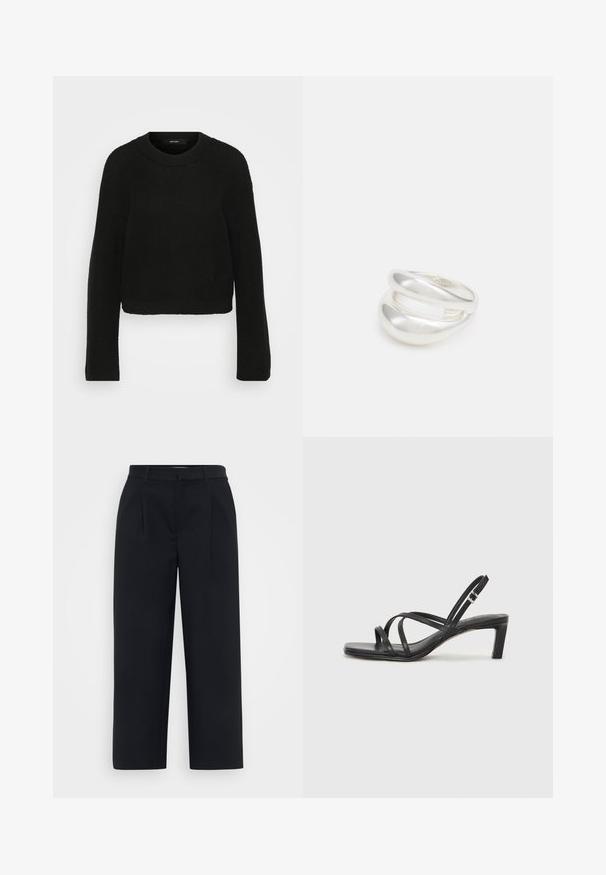 Črna pletena pulover z okroglo ovratnikom in dolgimi rokavi. Ima teksturiran vzorec in skrajšan dizajn.; Črne široke hlače iz gladkega materiala. Imajo plisse na sprednji strani, oblikovano pasnico in čist rob brez vidnih zapiranj.; Črne natikače s trakovi in kvadratnim prstom ter nizkim blokastim peto. Imajo več tankih trakov in nastavljiv trak okoli gležnja. Narejene so iz gladkega usnja.; Srebrn dvojni prstan z gladko, polirano površino. Ima tekoč, ukrivljen dizajn z prekrivajočimi se sekcijami za sodoben videz.
