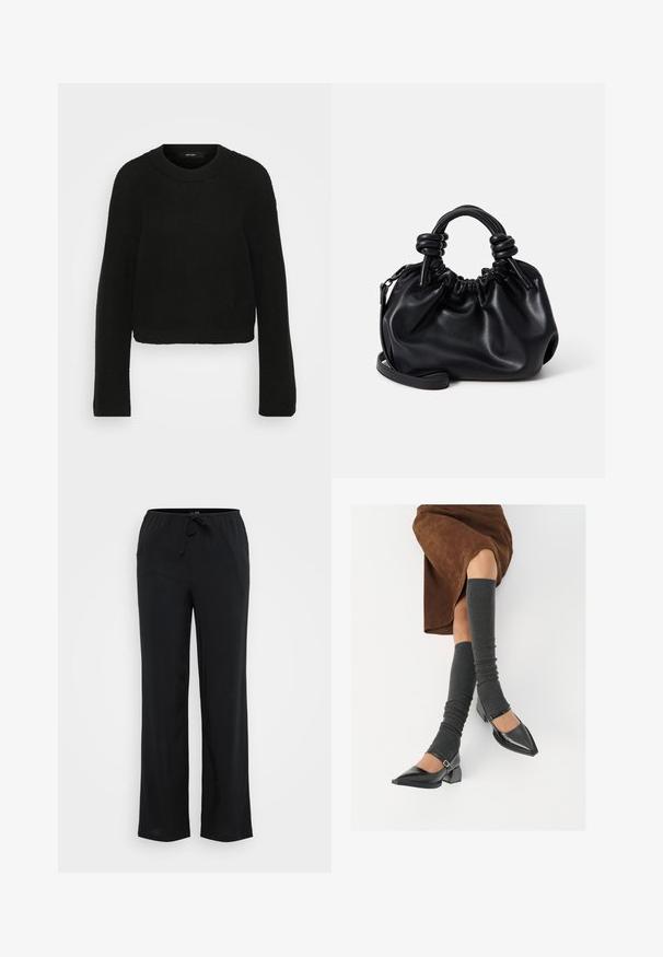 Crna pletena bunda s okruglim izrezom i dugim rukavima. Ima teksturirani uzorak i skraćeni dizajn.; Vero Moda Tall VMBERLIN WIDE PANEL - Hlače - black; Crne lakirane cipele s šiljastim prstima, blok-petom i remenom oko gležnja, uparene s sivim rebrastim čarapama do koljena i smešnom suknjom od antilopa.; Crna kožna torba s naboranim dizajnom, kratkim okruglim ručkama i odvojivim remenom za nošenje preko ramena. Glatka tekstura s mekim oblikom.