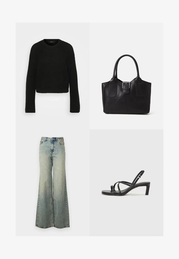 Mustmust jume mustris with ringiga ja pikkade varrukatega. Omab tekstuurset mustrit ja lühendatud disaini.; Heledad helesinaga denimist valmistatud helesinised laiad püksid, millel on kõrge vöökoht, pleekinud pesu ja küljetaskud nähtava õmblusega.; Mustast rihmajalatsid ruudukujulise varba ja madala ploki kontsaga. Omab mitmeid õhukesi rihmasid ja reguleeritavat pahkluu rihma. Valmistatud siledast nahast.; Mustgamma nahast kott, millel on sile tekstuur, struktureeritud kuju, kaks käepidet ja esiküljel silmapaistev hõbedane pandla detail.