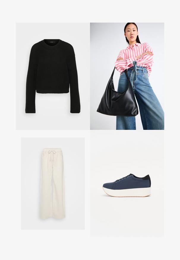 Schwarzer Strickpullover mit Rundhalsausschnitt und langen Ärmeln. Hat ein strukturiertes Muster und ein kurzes Design.; Cremfarbene weite Hosen aus weichem Stoff mit einem elastischen Bund und Zugband. Verfügt über zwei seitliche Taschen.; Dunkelblaue Sneaker mit einem strukturierten Obermaterial, weißer Plattformsohle, runder Zehenpartie und schwarzem Fersenakzent. Verfügt über sechs Ösen für die Schnürsenkel.; Schwarze Leder-Umhängetasche mit einer lässigen Form und Nahtdetails. Das Modell trägt ein pink-weiß gestreiftes Hemd zu weit geschnittenen blauen Jeans.