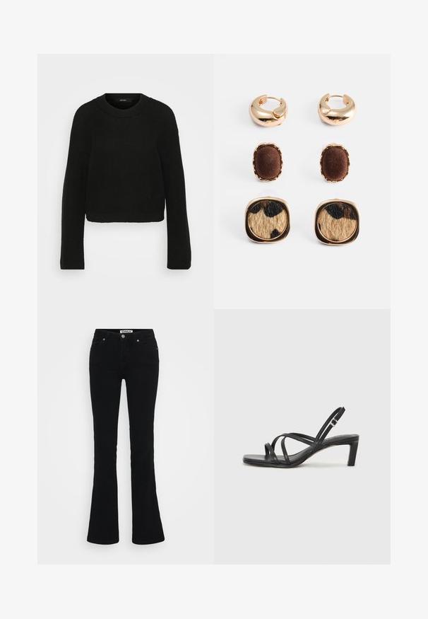 Črna pletena pulover z okroglo ovratnikom in dolgimi rokavi. Ima teksturiran vzorec in skrajšan dizajn.; Črne široke kavbojke, narejene iz denima, z klasičnim pet-pocket dizajnom, srebrnim okovjem in gumbom za zapiranje na pasu.; Črne natikače s trakovi in kvadratnim prstom ter nizkim blokastim peto. Imajo več tankih trakov in nastavljiv trak okoli gležnja. Narejene so iz gladkega usnja.; Zlato-toned uhani vsebujejo dva krožna stila in dve obliki uhanskih kroglic. Ena kroglica ima rjav tekstilni poudarek; druga ima leopardji vzorec.