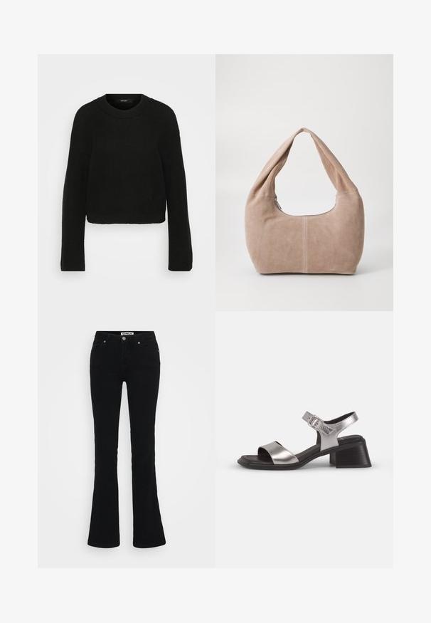 Black knitted sweater with a crew neckline and long sleeves. Features a textured pattern and a cropped design.; Black flared jeans made of denim, featuring a classic five-pocket design, silver hardware, and a button closure at the waist.; Silver leather sandals with an open toe, featuring a wide front strap, ankle strap with buckle, and a medium block heel.; Hobo bag made of soft, suede material in a light beige color. Features a rounded shape with a wide strap and zip closure.