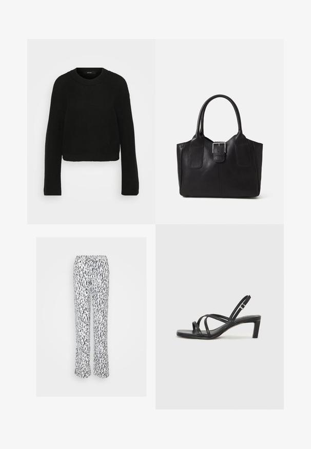 Schwarzer Strickpullover mit Rundhalsausschnitt und langen Ärmeln. Hat ein strukturiertes Muster und ein kurzes Design.; Weiße Hose mit navyblauem abstraktem Muster, ausgestattet mit einem elastischen Bund und verstellbarem Kordelzug. Gerade Beinform mit lockerer Passform.; Schwarze Sandale mit Riemchen, quadratischer Zehenform und niedrigem Blockabsatz. Verfügt über mehrere dünne Riemen und einen verstellbaren Knöchelriemen. Hergestellt aus glattem Leder.; Schwarze Leder-Tote mit glatter Textur, strukturiertem Design, zwei Griffen und einem auffälligen silbernen Schnallen-Detail auf der Vorderseite.