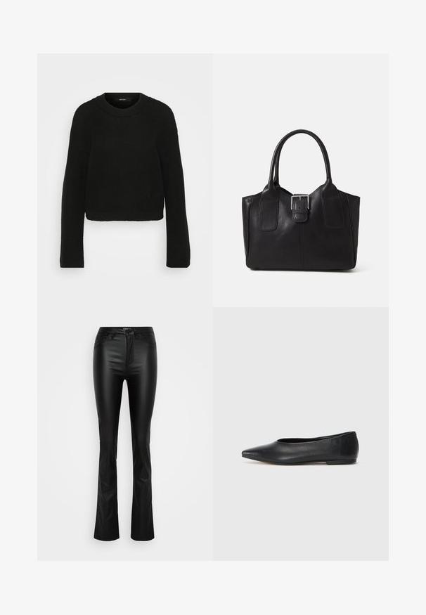 Black knitted sweater with a crew neckline and long sleeves. Features a textured pattern and a cropped design.; Black faux leather flared pants with a smooth texture, front pockets, and a zip fly. Features a fitted waist and a slightly glossy finish.; Black leather ballet flat, pointed toe, minimalistic design, smooth texture, low-profile heel, no visible hardware or embellishments.; Black leather tote bag with smooth texture, structured shape, two handles, and a prominent silver buckle detail on the front.