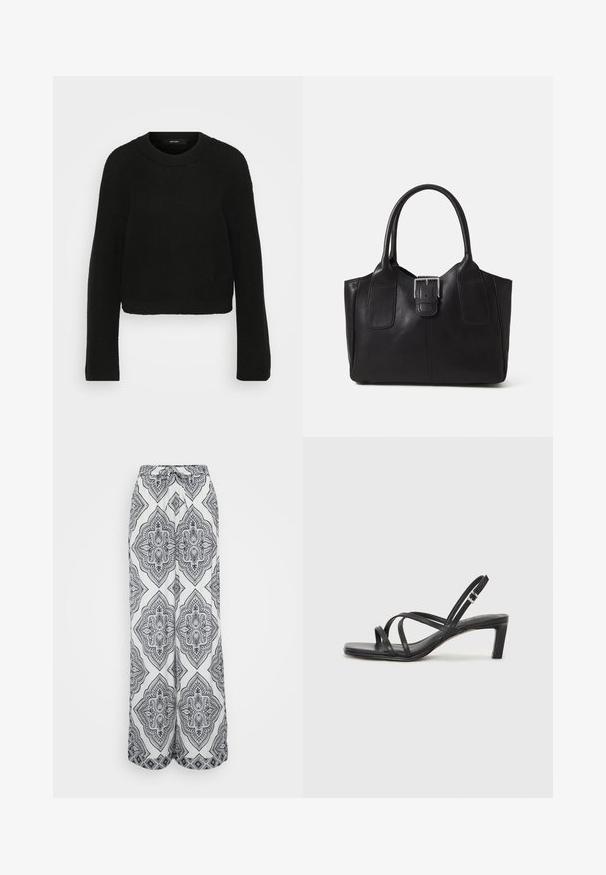 Schwarzer Strickpullover mit Rundhalsausschnitt und langen Ärmeln. Hat ein strukturiertes Muster und ein kurzes Design.; Weite Hosen mit einem schwarz-weißen geometrischen Muster. Mit einem Kordelzugbund, leichtem Stoff und fließender Silhouette.; Schwarze Sandale mit Riemchen, quadratischer Zehenform und niedrigem Blockabsatz. Verfügt über mehrere dünne Riemen und einen verstellbaren Knöchelriemen. Hergestellt aus glattem Leder.; Schwarze Leder-Tote mit glatter Textur, strukturiertem Design, zwei Griffen und einem auffälligen silbernen Schnallen-Detail auf der Vorderseite.