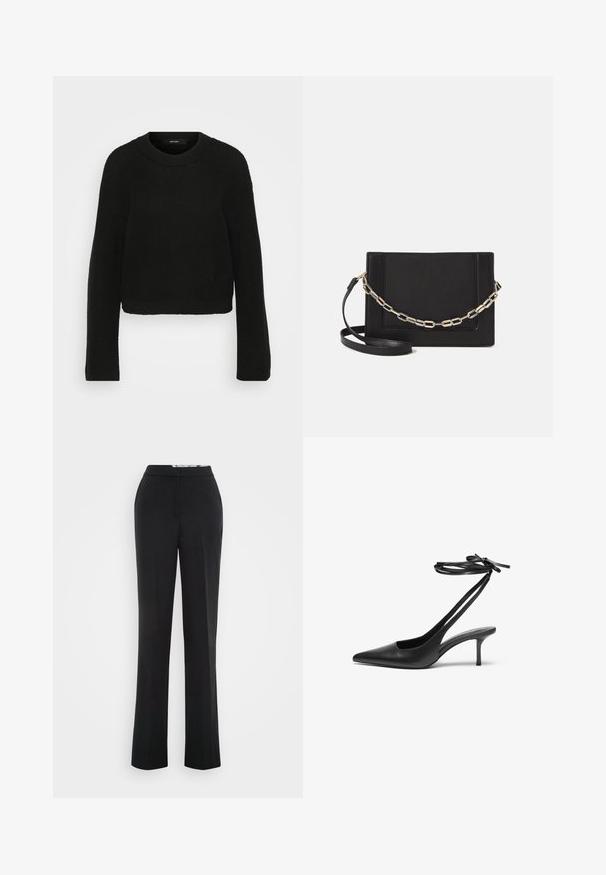 Mustat neulotut neulepaidat, joissa on pyöreä kaula-aukko ja pitkät hihat. Sisältää tekstuurisen kuvion ja lyhennetyn muotoilun.; Musta räätälöityjen housujen suora muotoilu, litteä etuosa ja sileä pinta. Ominaisuuksiin kuuluu keski-korkea vyötärö ja ei näkyviä taskuja.; Mustat nahkaiset stiletto-kengät, joissa on terävä kärki, avoin takaosa ja nilkkahihnat solmittuina rusetiksi. Kapea 3-tuumainen korko. Tasainen pinta, minimalistinen muotoilu.; Musta nahkainen olkalaukku, jossa on sileä pinta, suorakulmainen muoto ja metalliketju yksityiskohtana edessä. Mukana säädettävä hihna.