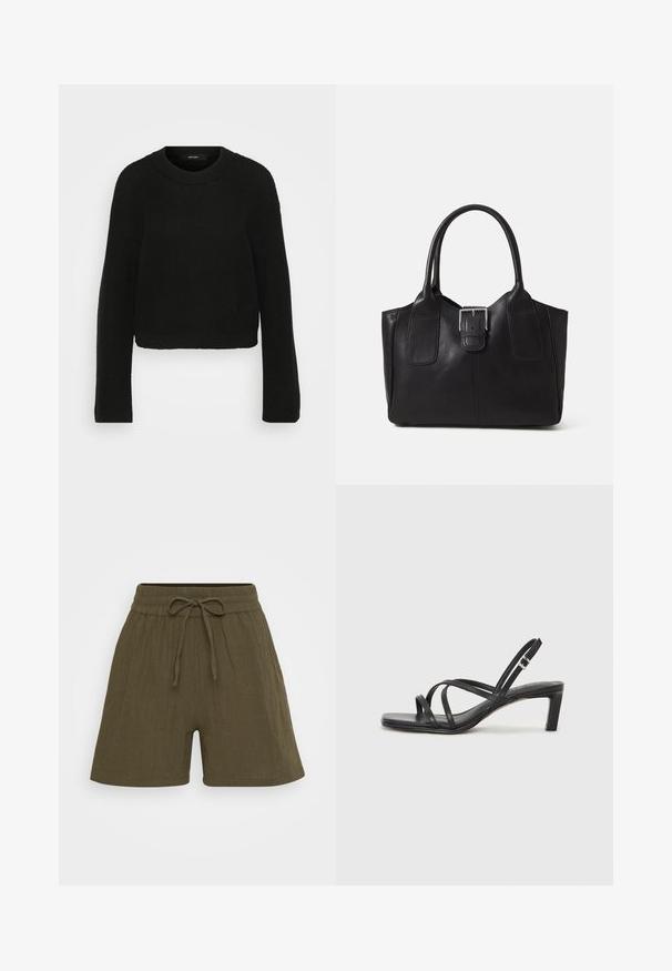 Čierny pletený sveter s okrúhlym výstrihom a dlhými rukávmi. Má textúrovaný vzor a skrátený strih.; Olivovo zelené ľanové šortky so širokým strihom, elastickým pásom so šnúrkou a jemnou textúrou.; Čierne sandále na vysokom podpätku so štvorcovou špičkou a nízkym blokovým podpätkom. Obsahujú viacero tenkých popruhov a nastaviteľný členkový popruh. Vyrobené z hladkej kože.; Čierna kožená taška s hladkou textúrou, štruktúrovaným tvarom, dvoma uchami a výrazným strieborným prackovým detailom na prednej strane.