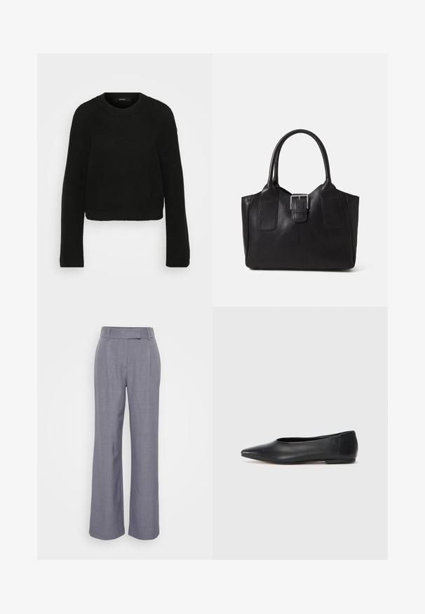 Suéter negro de punto con cuello redondo y mangas largas. Presenta un patrón texturizado y un diseño corto.; Pantalones de pierna ancha en gris, confeccionados con una tela texturizada. Cuentan con una cinturilla plana con presillas y pliegues en la parte delantera para un detalle adicional.; Bailarinas de cuero negro, punta afilada, diseño minimalista, textura suave, tacón bajo, sin herrajes ni adornos visibles.; Bolso tote de cuero negro con textura suave, forma estructurada, dos asas y un prominente detalle de hebilla plateada en la parte frontal.