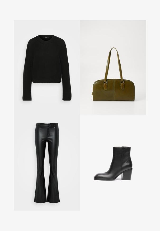Maglione nero a maglia con girocollo e maniche lunghe. Presenta un motivo testurizzato e un design corto.; Pantaloni neri in ecopelle a campana con una texture liscia, vita media, e cuciture strutturate, dotati di zip e passanti per cintura.; Stivale anklet in pelle nera con punta quadrata e tacco blocco robusto. Texture liscia e design minimalista. Cerniera laterale per una facile vestibilità.; Borsa a mano in pelle verde oliva di forma arrotondata, con due manici e una parte frontale senza cuciture. Presenta una superficie liscia e dettagli di cucitura delicati.