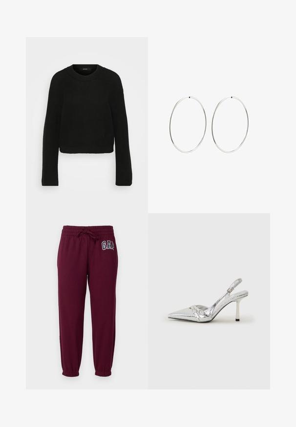 Black knitted sweater with a crew neckline and long sleeves. Features a textured pattern and a cropped design.; GAP Petite HERITAGE - Tracksuit bottoms - ruby wine; Silver slingback high heel shoe with a pointed toe, metallic finish, two decorative straps, and a slender heel with a black tip.; Silver hoop earrings with a smooth, round design and a polished finish. They are thin and lightweight, featuring a simple clasp closure.