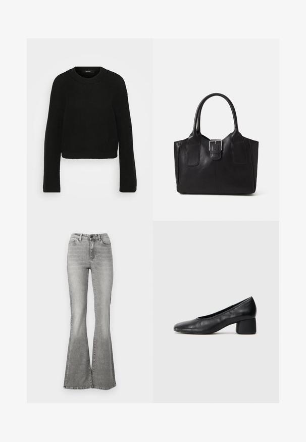 Juodas megztinis su apvalia iškirpte ir ilgomis rankovėmis. Turi tekstūrinį raštą ir trumpą dizainą.; Pilkos plačios džinsinės kelnės, pagamintos iš džinsinio audinio, su aukštu liemeniu, priekinėmis kišenėmis ir blukimo efektu. Apačia šiek tiek platesnė, sukurianti plačią formą.; Juodai odiniai aukštakulniai batai su apvaliu pirštu ir vidutiniu bloku. Lygi tekstūra su minimaliu apdailos, turinčia subtilų elastingą atidarymą.; Juodas odinis nešiojamas krepšys su lygiu paviršiumi, struktūrine forma, dviem rankenėlėmis ir ryškiu sidabriniu sagties akcentu priekyje.