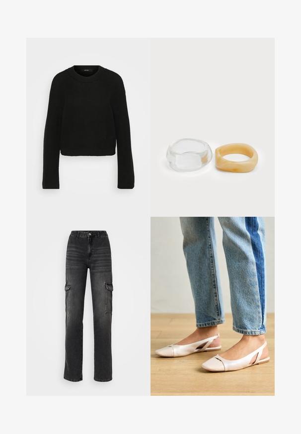 Mustmust jume mustris with ringiga ja pikkade varrukatega. Omab tekstuurset mustrit ja lühendatud disaini.; Kõrge vöökohaga, sirged jalgadega cargo jeanid pleekinud mustast denimist. Omab küljetaskuid, nööbiga sulgemist ja topeltõmmeldud õmblusi.; Kahvatu roosa slingback lapikute jalatsite paar, millel on terav varvas, valmistatud siledast nahataolisest materjalist. Omab külgedel lõikekohti ja lapikut kontsa.; Selge ja merevaigu pringi, üks sile ja läbipaistev, teine tekstuurse, merevaigu viimistlusega. Mõlemad omavad ümarat, tugevat disaini.