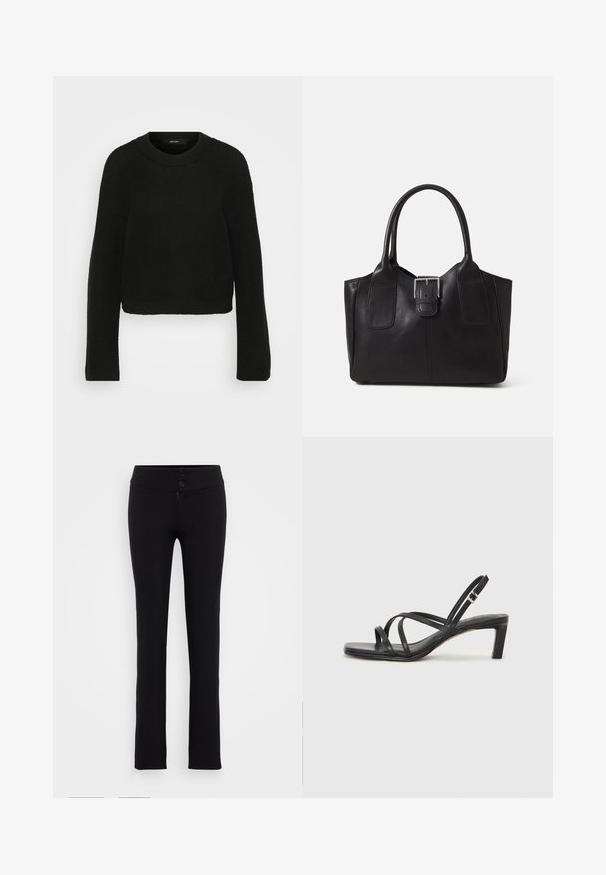 Pulover tricotat negru cu gât rotund și mâneci lungi. Prezintă un model texturat și un design scurt.; Gina Tricot Tall LOW STRAIGHT TROUSERS - Pantaloni - black; Sandal cu barete negre, cu vârf pătrat și toc mic de bloc. Prezintă mai multe barete subțiri și o bareta ajustabilă la gleznă. Fabricat din piele netedă.; Geantă tote din piele neagră cu textură netedă, formă structurată, două mânere și un detaliu proeminent din aliaj de argint pe partea din față.