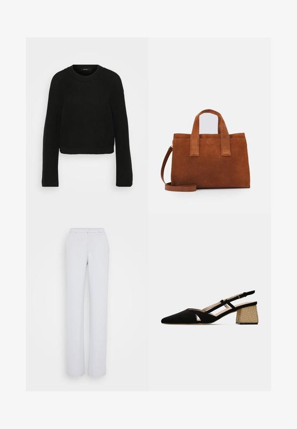Μαύρος πλεκτός πουλόβερ με στρογγυλή λαιμόκοψη και μακριά μανίκια. Διαθέτει υφή που αναδεικνύει σχέδιο και cropped σχεδίαση.; Ανοιχτό γκρι παντελόνι με ίσια γραμμή, κατασκευασμένο από λείο ύφασμα, με επίπεδο μπροστινό μέρος, ζώνη στη μέση και χωρίς ορατές διακοσμήσεις.; Μαύρο σουέντ πέδιλο slingback με μυτερή μύτη και σχέδιο κοπής. Διαθέτει χαμηλό, υφασμένο στρωτό τακούνι για επιπλέον λεπτομέρεια και σταθερότητα.; Καφέ σουέτ τσάντα με δύο λαβές στο επάνω μέρος και ρυθμιζόμενο λουρί ώμου. Διαθέτει δομημένο σχήμα και μινιμαλιστικό σχέδιο.