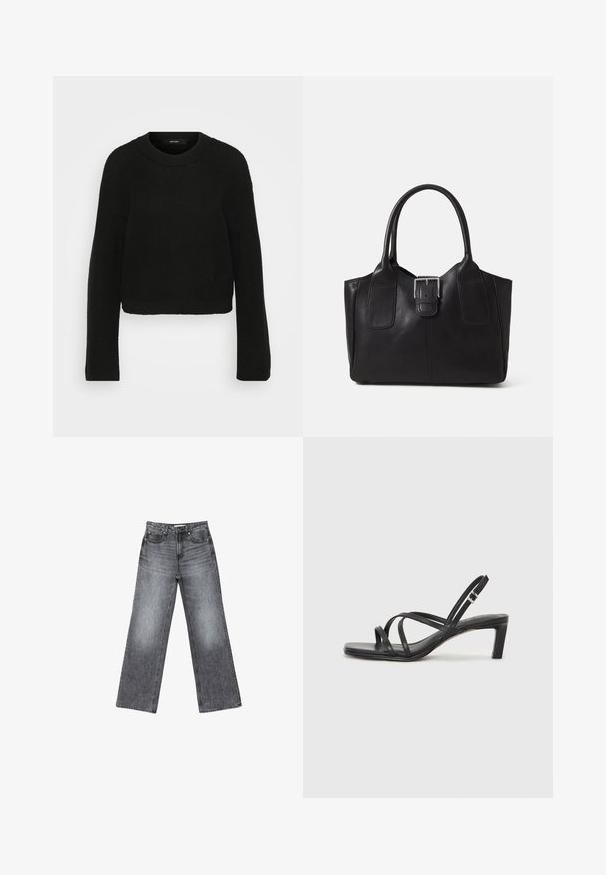 Črna pletena pulover z okroglo ovratnikom in dolgimi rokavi. Ima teksturiran vzorec in skrajšan dizajn.; Široke temno sive jeans hlače iz denima s izrabljenim videzom, petimi žepi, gumbom za zapiranje in diskretnimi šivi ob šivih.; Črne natikače s trakovi in kvadratnim prstom ter nizkim blokastim peto. Imajo več tankih trakov in nastavljiv trak okoli gležnja. Narejene so iz gladkega usnja.; Črna usnjena torba s gladko teksturo, strukturirano obliko, dvema ročkama in izrazitim srebrnim sponko na sprednji strani.