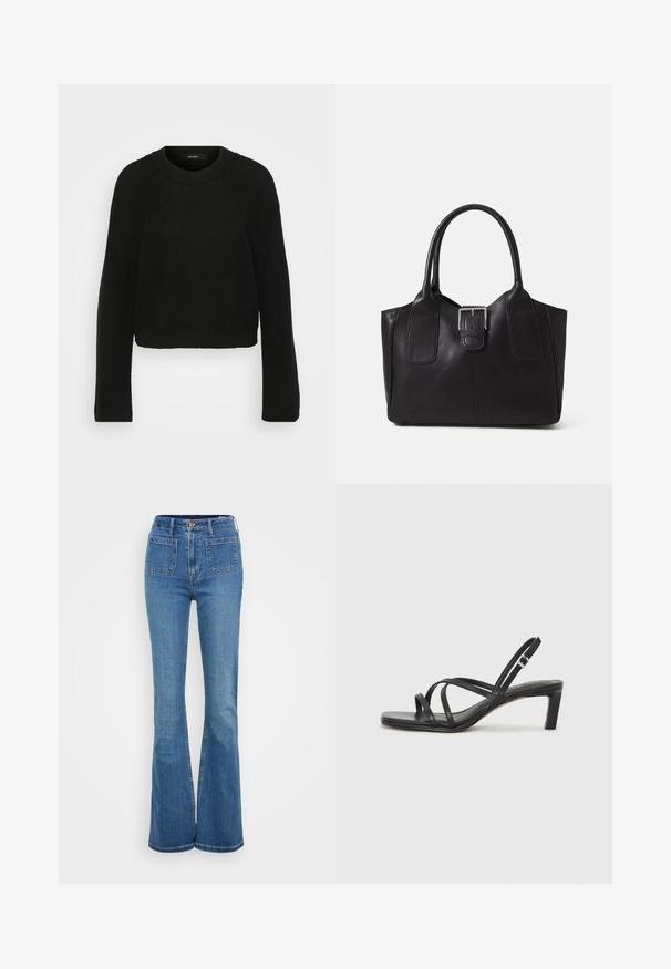 Sweater preto tricotado com decote redondo e mangas longas. Apresenta um padrão texturizado e um design cropped.; Calças de ganga azuis, com corte fluido e cintura alta, confeccionadas em tecido denim. Apresentam cinco bolsos e um fecho de botão na cintura. Textura suave, design clássico.; Sandal de tiras pretas com biqueira quadrada e um pequeno salto bloco. Apresenta várias tiras finas e uma tira no tornozelo ajustável. Feito de couro liso.; Bolsa tote de couro preta com textura suave, forma estruturada, duas alças e um destaque prateado proeminente na parte da frente.