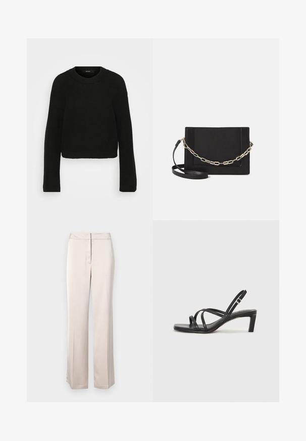 Svart strikket genser med rund hals og lange ermer. Den har et teksturert mønster og et cropped design.; Beige vide bukser laget av glatt stoff med et rent silhuett, med flat front og skjult midjebåndlås.; Sorte sandaler med stropper, firkantet tå og lav blokk hæl. Har flere tynne stropper og en justerbar ankelstropp. Laget av glatt lær.; Svart lær crossbody-veske med glatt tekstur, rektangulær form og metallkjede detaljer på framsiden. Justerbar stroppe inkludert.