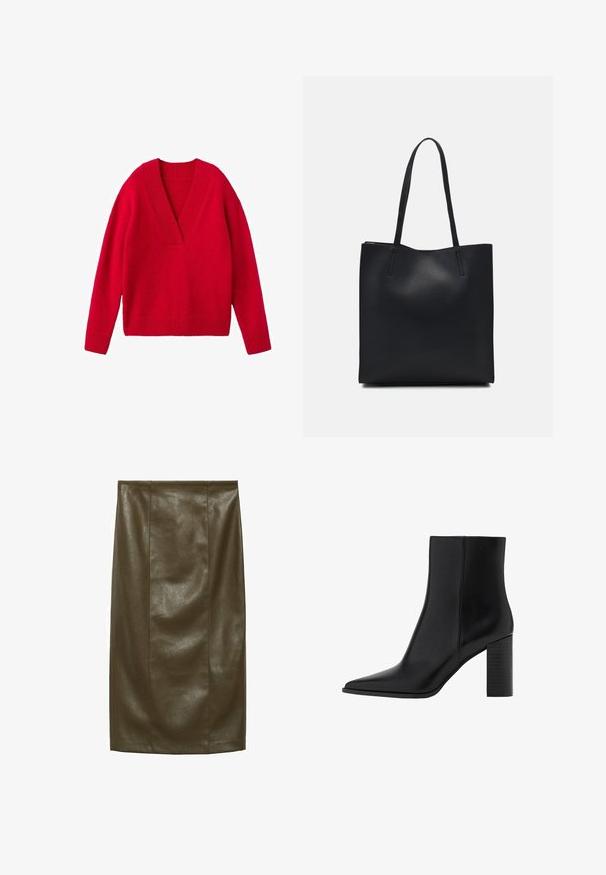 Crvena pletena džemper s V-izrezom, dugim rukavima i rebrastim manžetama i donjim dijelom. Mekana tekstura, ležeran kroj.; Olivno zeleni lažni kožni olovka suknja s glatkom teksturom, do koljena, s vertikalnim šavovima za krojeni izgled.; Crne kožne čizme do gležnja s izduženim nožnim prstom, kvadratnim potplatom, glatkom teksturom i detaljima šavova duž šavova. Potpetice su visoke približno 8,9 centimetara.; Crna kožna torba za nošenje s glatkom teksturom, pravokutnim oblikom i dvije duge ručke. Nema vidljivih metalnih dijelova ili ukrasa.