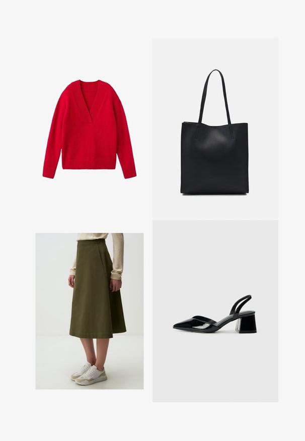 Pull en tricot rouge avec un décolleté en V, des manches longues et des bords côtelés au niveau des poignets et de l'ourlet. Texture douce, coupe décontractée.; Jupe A-line vert olive à la texture lisse, taille haute et détails de couture, associée à des baskets blanches et beiges.; Escarpins en cuir verni noir avec bout pointu et talon bloc géométrique. Présente un design élégant et minimaliste ainsi qu'une texture lisse.; Sac fourre-tout en cuir noir avec une texture lisse, de forme rectangulaire et deux longues poignées. Pas de matériel ou d'ornementations visibles.