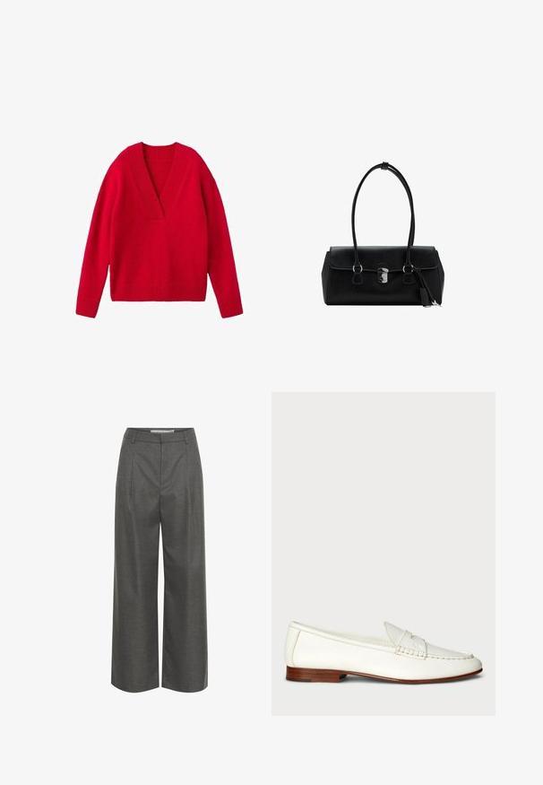 Rdeča pletena pulover s V-izrezom, dolgimi rokavi ter rebrastimi manšetami in robom. Mehka tekstura, sproščen kroj.; Sive široke hlače iz teksturirane tkanine, z visokim pasom in prednjimi nagubami, brez vidnih žepov ali kovinskih detajlov.; Bele usnjene loafers s teksturirano površino, zaobljenim prstom in tkanim poudarjanjem. Nizek leseni petelin in minimalističen dizajn.; Črna usnjena torbica z gladko teksturo, strukturirano zasnovo, dvema ročkama in s srebrnim sponko na sredini.
