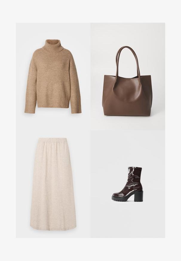 Beige turtleneck sweater made from soft knit fabric. Features a ribbed neckline and cuffs, with a relaxed fit and dropped shoulder seams.; Beige linen skirt with an elastic waistband, midi length, and subtle texture pattern. No pockets or additional accents visible.; Glossy burgundy ankle boot with a chunky black heel, featuring a smooth texture and simple design. No visible fastenings or patterns.; Brown leather tote bag with two long handles, structured shape, smooth texture, and minimalistic design. No visible hardware or accents.